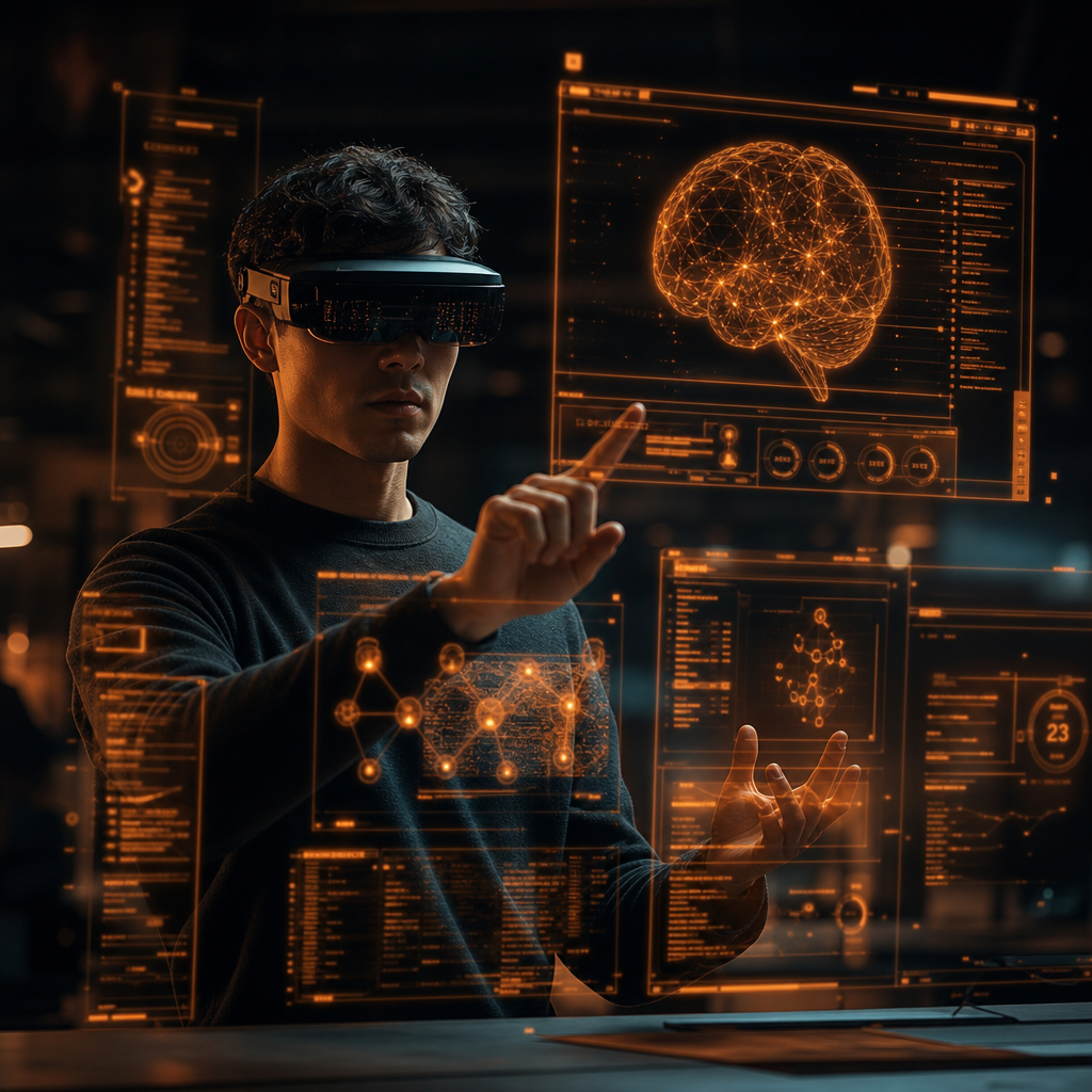 Person interacting with holographic spatial interfaces