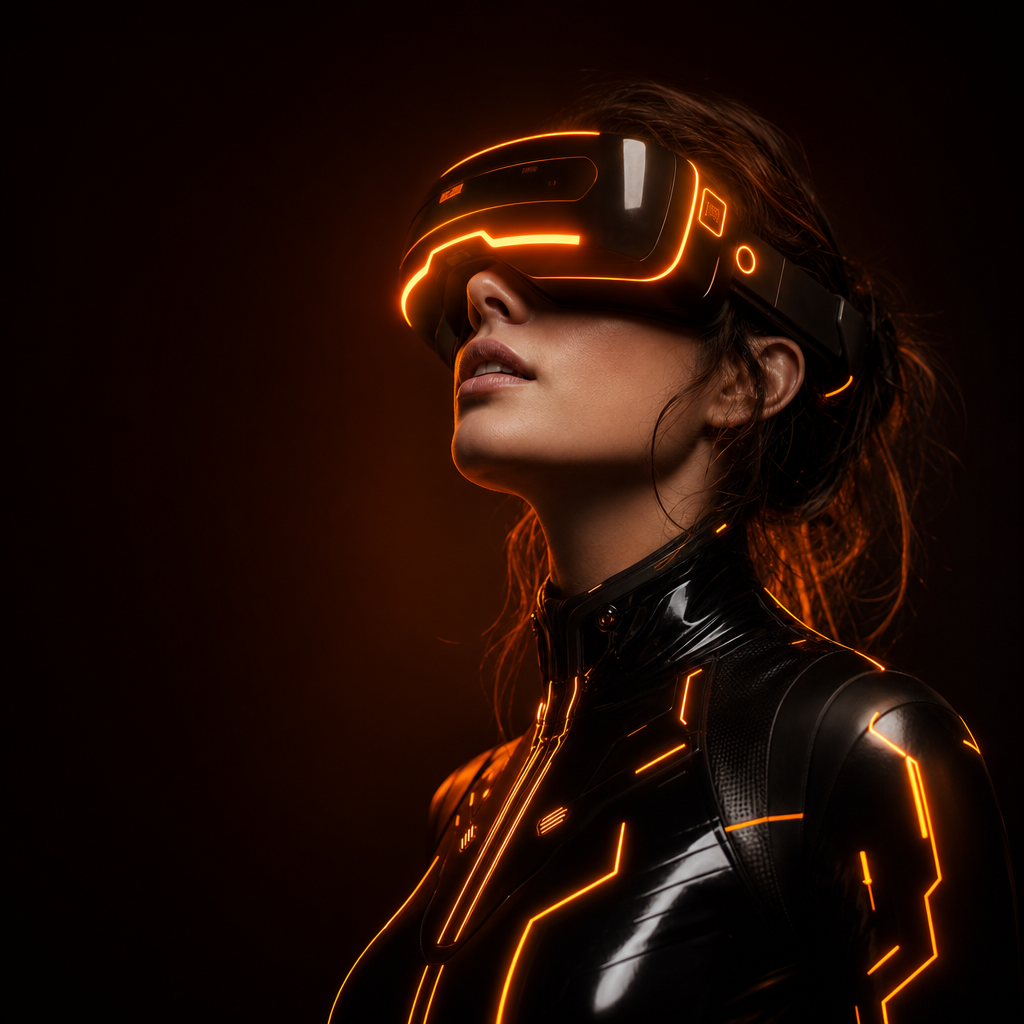 Woman wearing a glowing orange mixed-reality headset